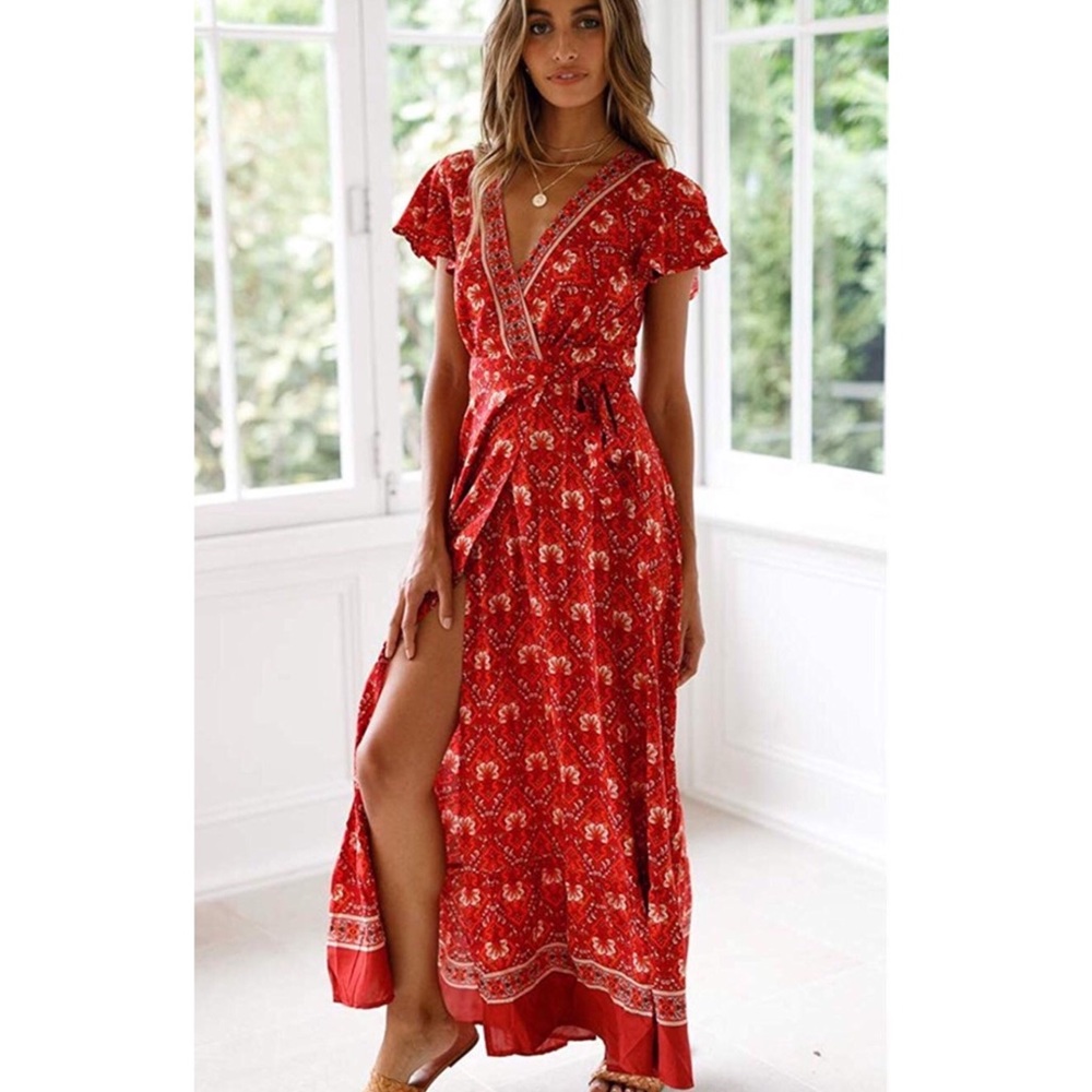Red boho maxi belted dress